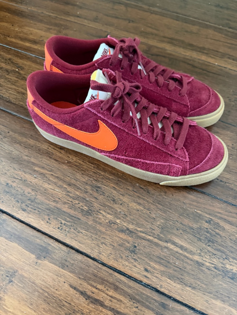 Nike Burgundy Suede Sneakers with Orange Swoosh - Picture 3 of 4